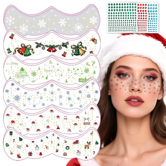 15 PCS Christmas Face Temporary Tattoos, With Red Green White Face Gems Glitter Freckles Face Tattoo for Women, Waterproof Christmas Accessories Face Makeup for Cosplay Party Supplies