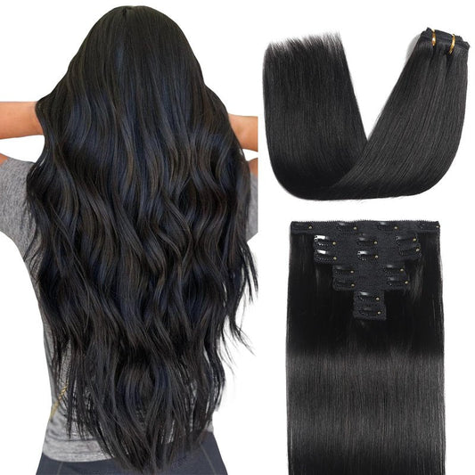 Sisily Clip in Hair Extensions Real Human Hair, Premium Human Hair Clip in Extensions Natural Black, Soft Straight Hair Extensions Real Human Hair Clip ins 7PCS Double Weft（16 Inch #1B）