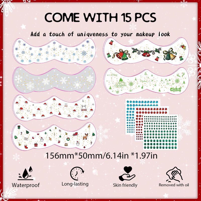 15 PCS Christmas Face Temporary Tattoos, With Red Green White Face Gems Glitter Freckles Face Tattoo for Women, Waterproof Christmas Accessories Face Makeup for Cosplay Party Supplies