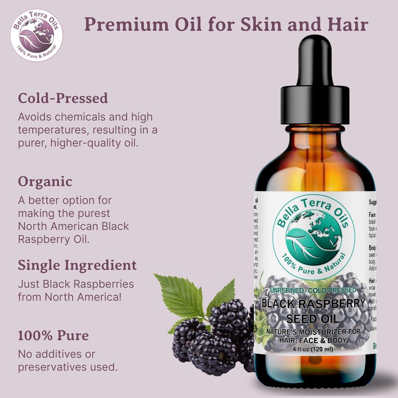 Bella Terra Oils - Black Raspberry Seed Oil 8 oz - Natural Elixir Enhanced with Ellagic Acid & Vitamin A, Cold-Pressed Cosmetic Secret for Radiant Skin