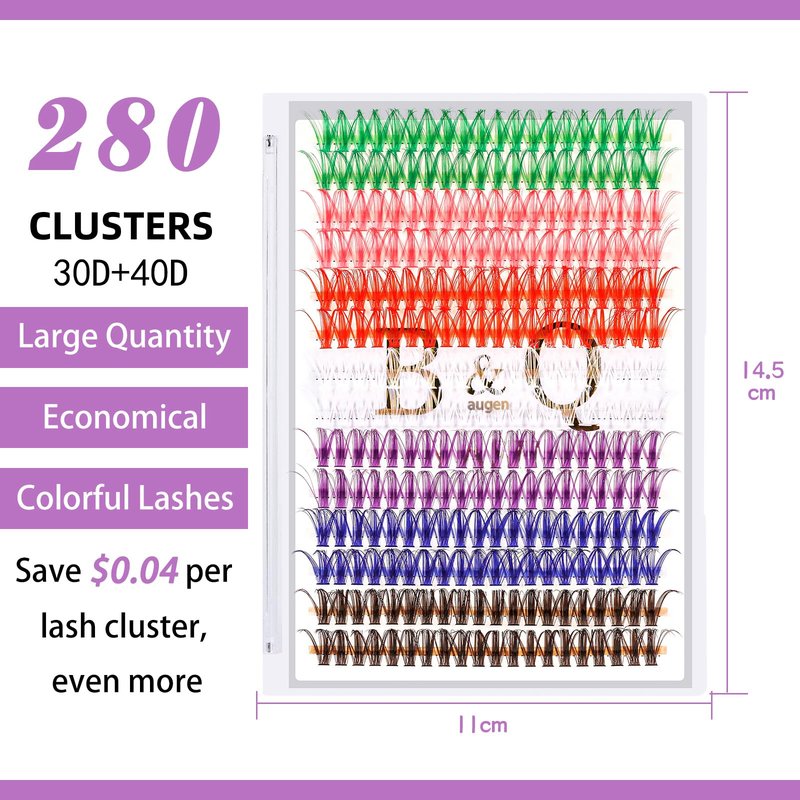Lash Clusters Colored DIY Eyelash Extensions 280 Clusters Lashes 40D-D-13mm LASH 7 Color Mix Volume Eyelash Clusters Wispy Individual Lashes Cluster DIY at Home(7MIX,40D-D-13mm)