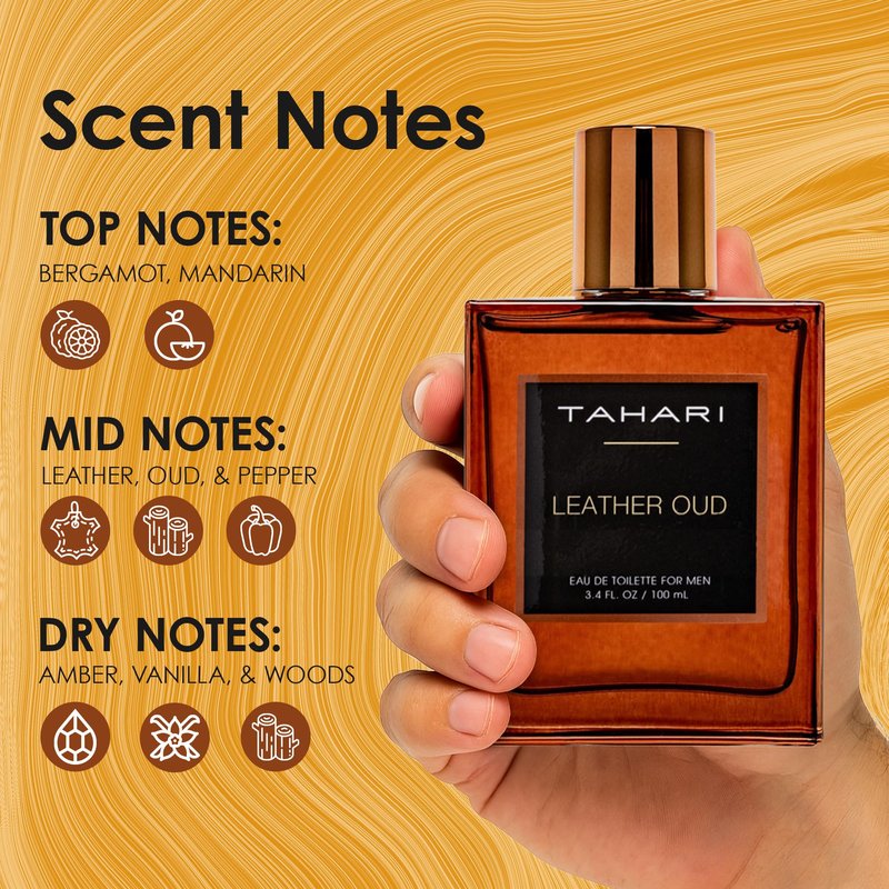 TAHARI Leather Oud Eau de Toilette for Men – Long-Lasting Luxury Cologne Spray with Bergamot, Leather & Amber Scent – Bold, Masculine, Sophisticated Oud Fragrance Spray 3.4 fl oz / 100 mL