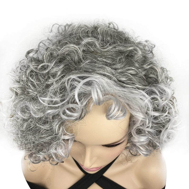 Onemliy Grey Wigs for Women Short Curly Asymmetrical Synthetic Fiber Ombre Silver Gray Wig for Halloween Cosplay Costume Party
